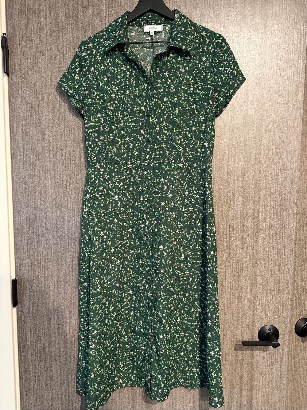 RIHOAS Dark Green Floral Button-Front Shirt Dress